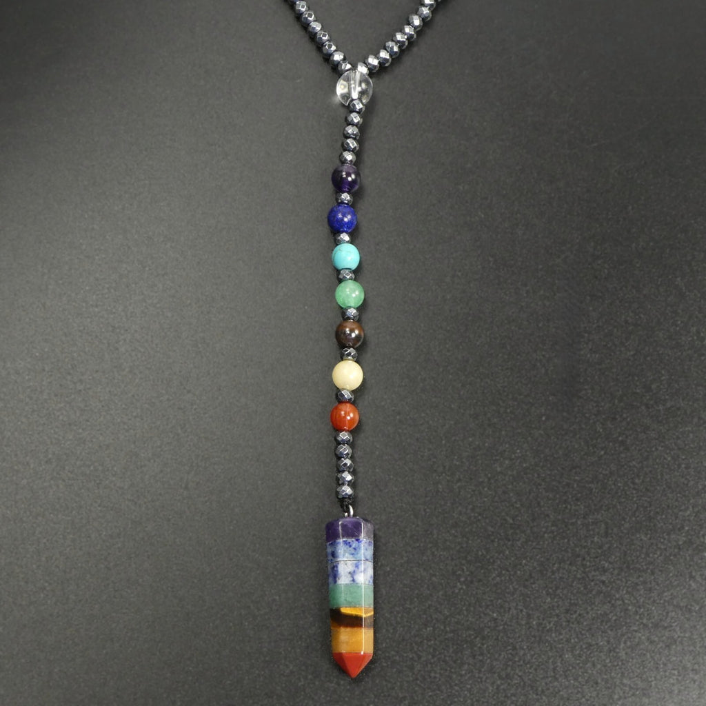 7 Chakras Crystal Point Pendant Multicolor Gemstone bead 30” Long Necklace Gift