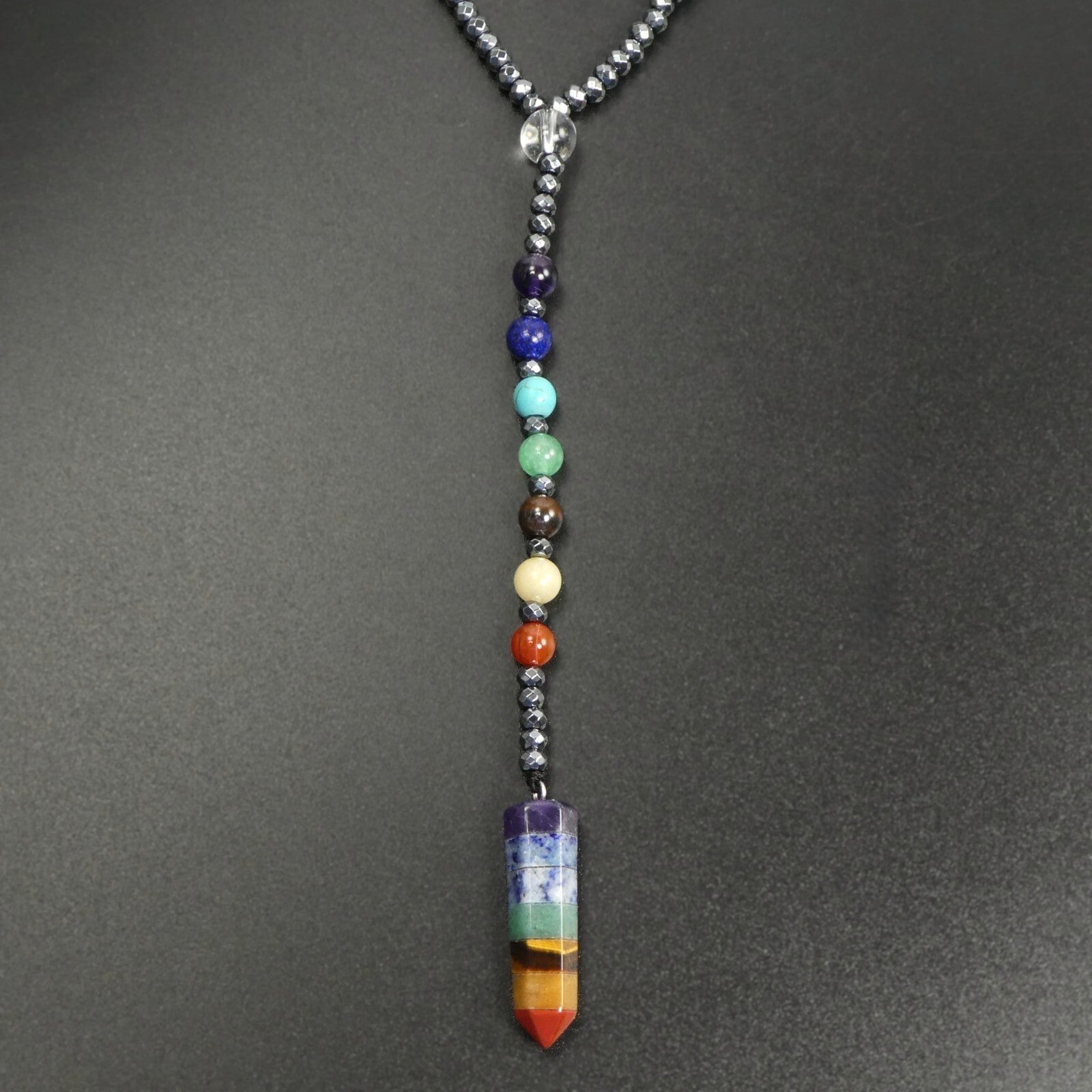 7 Chakras Crystal Point Pendant Multicolor Gemstone bead 30” Long Necklace Gift