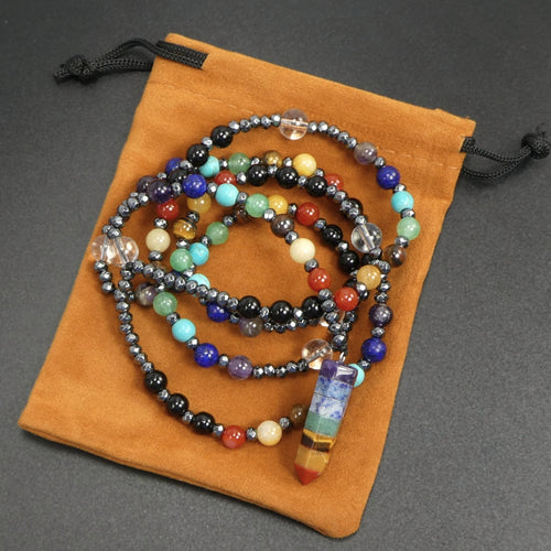 7 Chakras Crystal Point Pendant Multicolor Gemstone bead 30” Long Necklace Gift