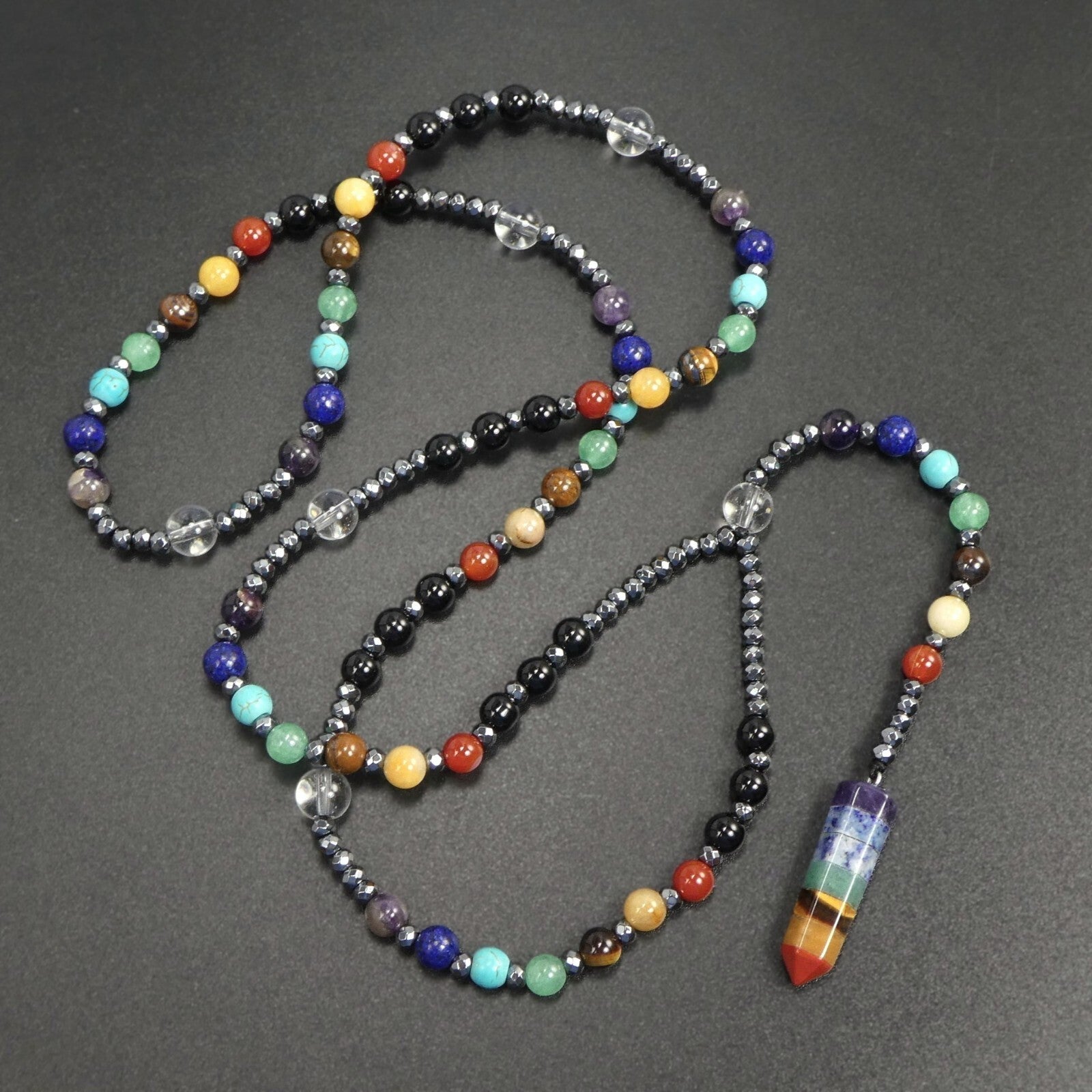 7 Chakras Crystal Point Pendant Multicolor Gemstone bead 30” Long Necklace Gift
