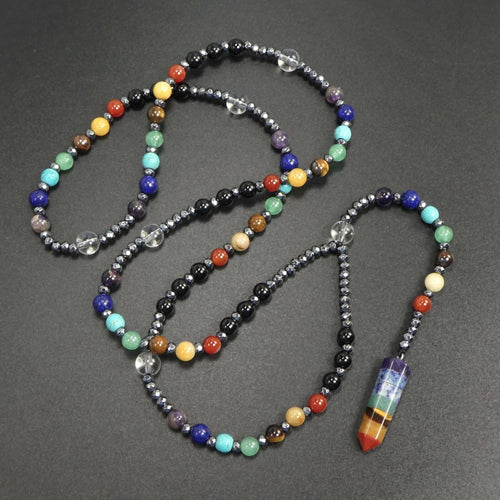 7 Chakras Crystal Point Pendant Multicolor Gemstone bead 30” Long Necklace Gift