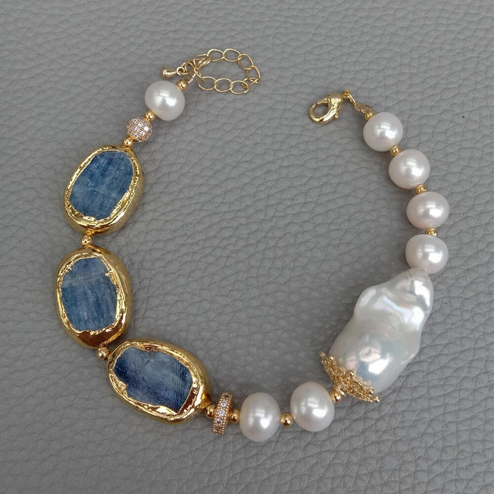 Keshi Pearl Natural Blue Kyanite Bracelet Fashion Fine Handmade Jewelry For Gift
