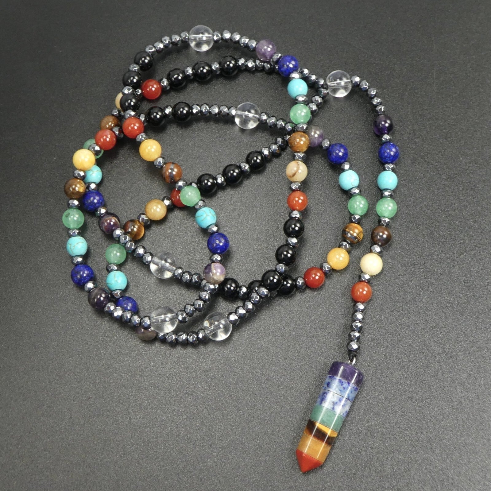 7 Chakras Crystal Point Pendant Multicolor Gemstone bead 30” Long Necklace Gift