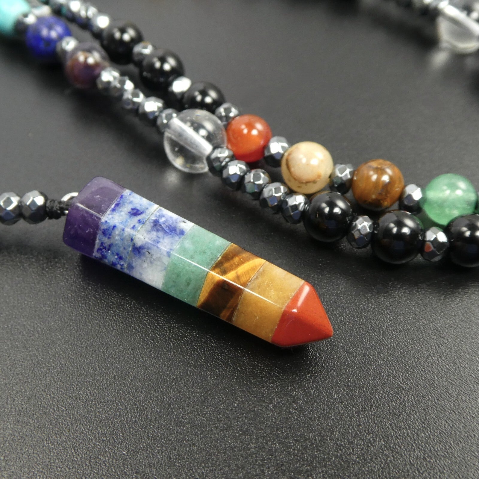 7 Chakras Crystal Point Pendant Multicolor Gemstone bead 30” Long Necklace Gift