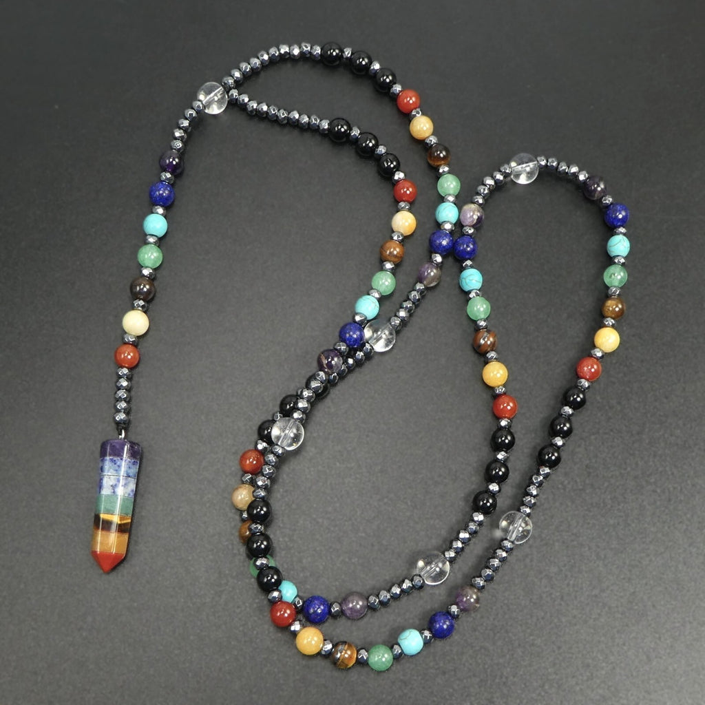 7 Chakras Crystal Point Pendant Multicolor Gemstone bead 30” Long Necklace Gift