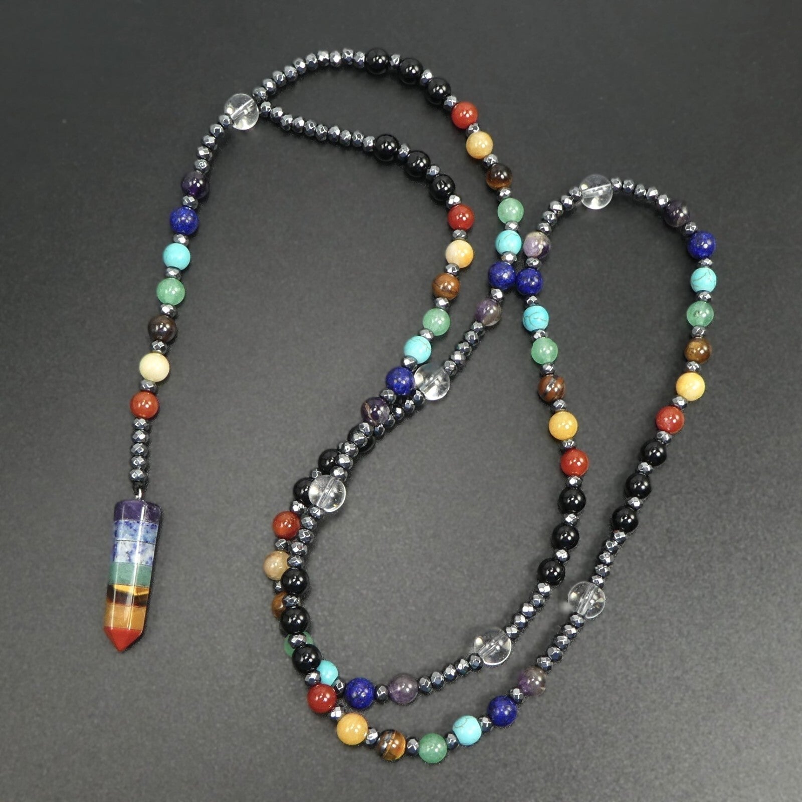 7 Chakras Crystal Point Pendant Multicolor Gemstone bead 30” Long Necklace Gift