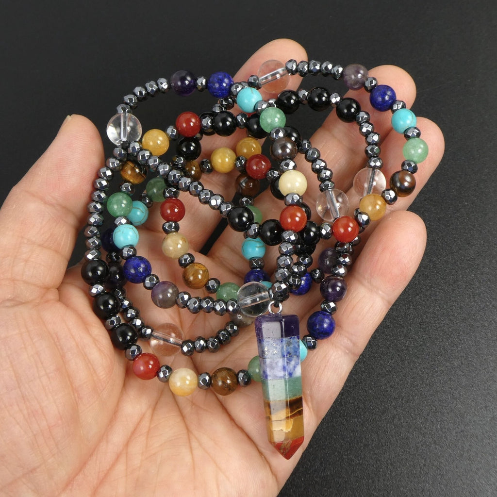 7 Chakras Crystal Point Pendant Multicolor Gemstone bead 30” Long Necklace Gift